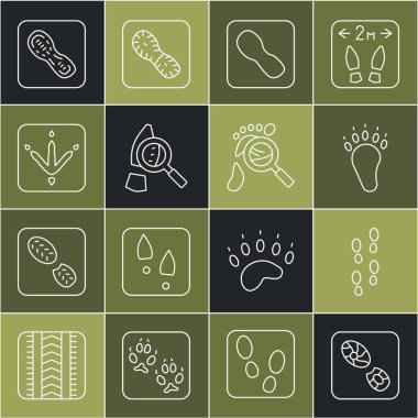 Set line Human footprints shoes Bear paw Magnifying glass with footsteps Chicken and icon. Vector.