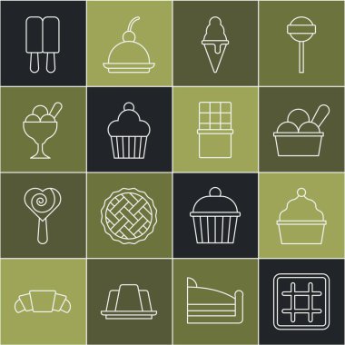 Set line Waffle Cake Ice cream in bowl waffle cone and Chocolate bar icon. Vector.