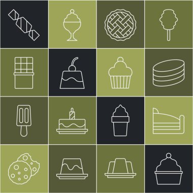 Set line Cake Piece of cake Brownie chocolate Homemade pie Pudding custard Chocolate bar Candy and icon. Vector.