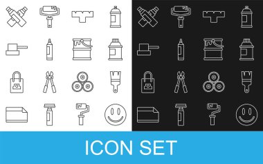 Set line Smile face Paint brush Paint gouache jar dye Marker pen attachment Spray can nozzle cap and bucket icon. Vector.