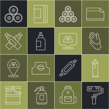 Set line Paint roller brush spray can Rubber gloves Paint gouache jar dye Marker pen and Spray nozzle cap icon. Vector.