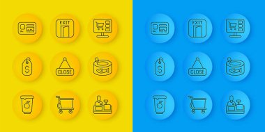Set line Yogurt container Price tag with dollar Hanging sign Closed Cashier at cash register Canned fish Identification badge Shopping cart computer and Fire exit icon. Vector.
