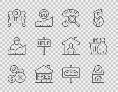 Set line No money Donation and charity Searching for food Shelter homeless Ask help text and Trash can icon. Vector.