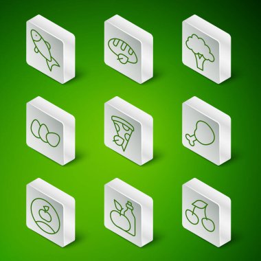 Set line Fresh berries Apple cider vinegar in bottle Fish Vegan pizza slice Chicken egg bread loaf and leg icon. Vector.