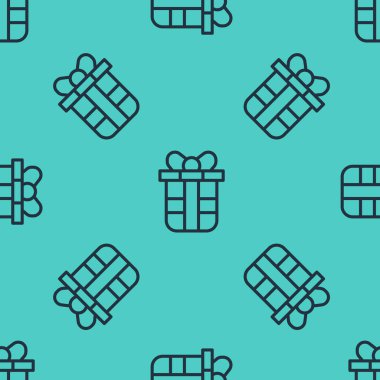 Black line Gift box icon isolated seamless pattern on green background. Happy Birthday. Vector.
