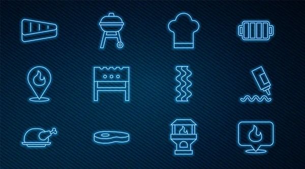 Set line Location with fire flame Sauce bottle Chef hat BBQ brazier Steak meat Bacon stripe and Barbecue grill icon. Vector.