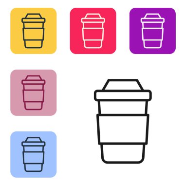 Black line Cup of tea icon isolated on white background. Set icons in color square buttons. Vector.