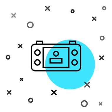 Siyah çizgi taşınabilir oyun konsolu simgesi beyaz arkaplanda izole edildi. El bilgisayarı oyun konsolu. Rastgele dinamik şekiller. Vektör.