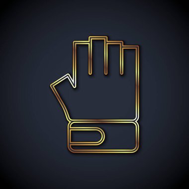 Altın çizgili MMA eldiven simgesi siyah arkaplanda izole edildi. Aksesuar dövüşçüleri. Savaşçı eldivenleri. Vektör.