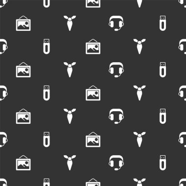 Set Headphones USB flash drive Picture landscape and Tie on seamless pattern. Vector.