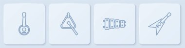 Set line Banjo, Xylophone, Triangle and Electric bass guitar. White square button. Vector.