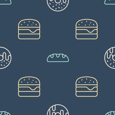 Set line Donut Burger and Bread loaf on seamless pattern. Vector.