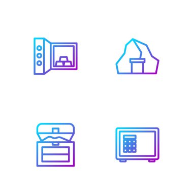 Set line Safe Antique treasure chest with gold bars and Gold mine. Gradient color icons. Vector.