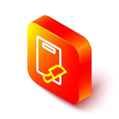 Isometric line Cutting board and knife icon isolated on white background. Chopping Board symbol. Cutlery symbol. Orange square button. Vector.