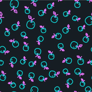 Çizgi Elması simgesi siyah arkaplanda kusursuz desen izole etti. Yaprak sembollü meyve. Vektör.