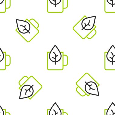 Line Cup of tea with leaf icon isolated seamless pattern on white background. Sweet natural food. Vector.