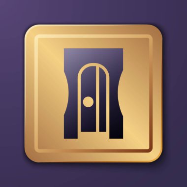 Mor renkli kalem açacağı simgesi mor arkaplanda izole edilmiş. Altın kare düğme. Vektör İllüstrasyonu.