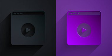 Paper cut Online play video icon isolated on black on purple background. Film strip with play sign. Paper art style. Vector.