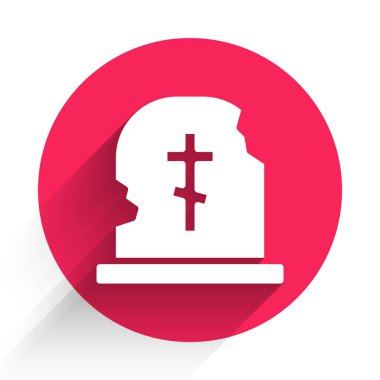 White Grave with tombstone icon isolated with long shadow. Red circle button. Vector.