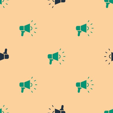 Yeşil ve siyah megafon simgesi, bej arkaplandaki kusursuz deseni izole etti. Sözcü işareti. Vektör.