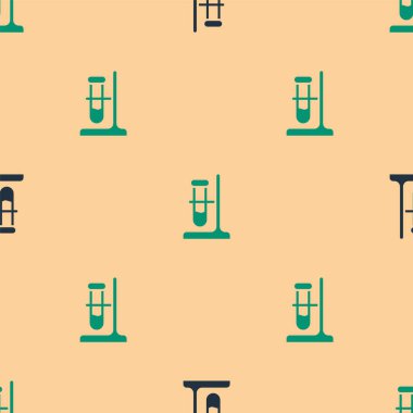 Green and black Glass test tube flask on stand icon isolated seamless pattern on beige background. Laboratory equipment. Vector.