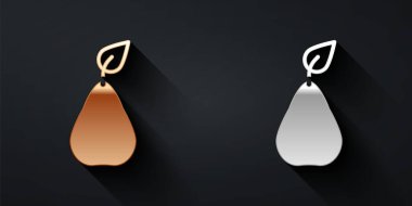 Altın ve gümüş armut simgesi siyah arkaplanda izole edilmiş. Yaprak sembollü meyve. Uzun gölge tarzı. Vektör.