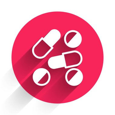 Uzun gölgeli beyaz ilaç ya da tablet ikonu. Kapsül hapı ve uyuşturucu işareti. Eczane tasarımı. Kırmızı daire düğmesi. Vektör.