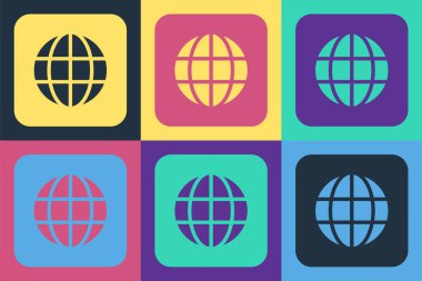 Pop Art Worldwide simgesi renk arkaplanında izole edildi. Yerküreye iğnele. Vektör.