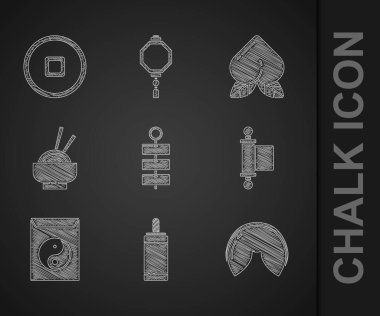 Set Firework Chinese fortune cookie Decree paper parchment scroll Yin Yang and envelope Asian noodles bowl Peach fruit and Yuan currency icon. Vector.