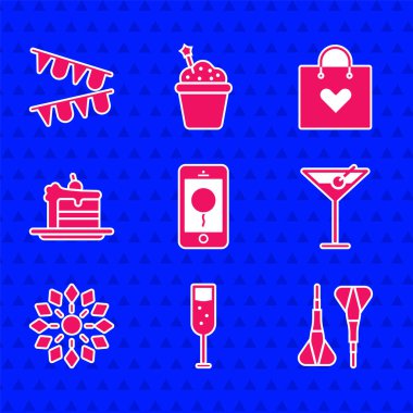 Set Mobile with birthday message Glass of champagne Dart arrow Martini glass Firework Cake Shopping bag heart and Carnival garland flags icon. Vector.