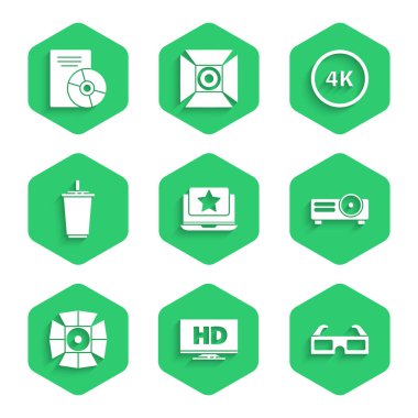 Set Laptop with star Smart display HD video 3D cinema glasses Movie film media projector spotlight Paper water 4k Ultra and CD DVD disk icon. Vector.