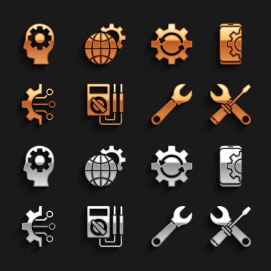 Set Multimeter Setting on smartphone Screwdriver and wrench spanner Wrench Algorithm Gear arrows as workflow Human head with gear inside and Globe of the Earth icon. Vector.