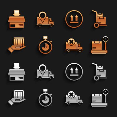 Set Stopwatch Hand truck and boxes Scale with cardboard Delivery cargo vehicle hand This side up Carton and tracking icon. Vector.