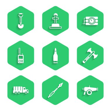 Set Bullet Medieval spear Cannon War axe Military truck Walkie talkie Dynamite and timer clock and Sapper shovel icon. Vector.