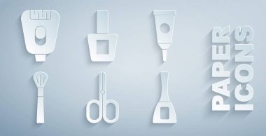 Set Scissors Cream lotion cosmetic tube Makeup brush Nail polish bottle and Epilator icon. Vector.