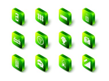 Set Heating radiator Air conditioner Suitcase Wireless laptop Stairs up Five stars rating review and icon. Vector.