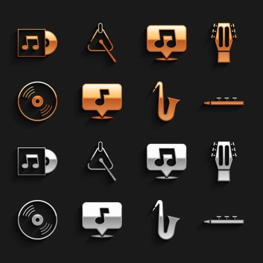 Set Music note tone Guitar Drum and drum sticks Musical instrument saxophone Vinyl disk and Triangle icon. Vector.