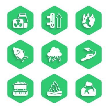 Set Storm Iceberg Deforestation Sprout in hand Coal train wagon Dead fish Global warming fire and Nuclear power plant icon. Vector.