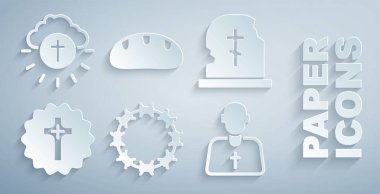 Set Crown of thorns Grave with tombstone Christian cross Priest Bread loaf and Religious in circle icon. Vector.