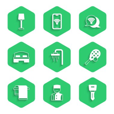 Set Shower Concierge Hotel door lock key Tennis racket with ball Towel hanger room bed Wi-Fi wireless internet and Table lamp icon. Vector.