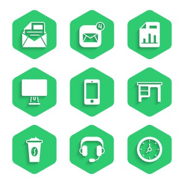 Set Mobile phone Headphones Clock Office desk Coffee cup to go Computer monitor Document with graph chart and Mail and e-mail icon. Vector.