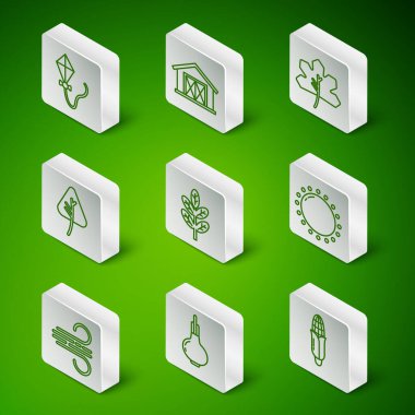Set line Corn Onion Kite Leaf leaves Farm house Wind and Sun icon. Vector.