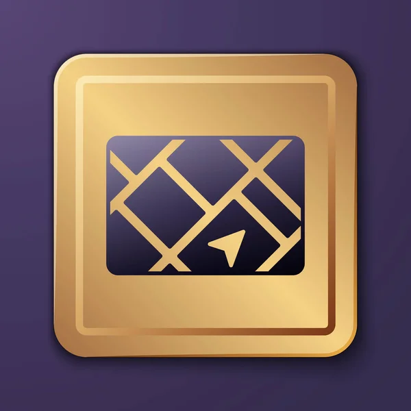 Purple Gps Device Map Icon Isolated Purple Background Gold Square — ストックベクタ