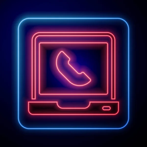 发光霓虹灯电话24小时支持图标隔离在黑色背景 全天客户支持呼叫中心 全职电话服务 — 图库矢量图片