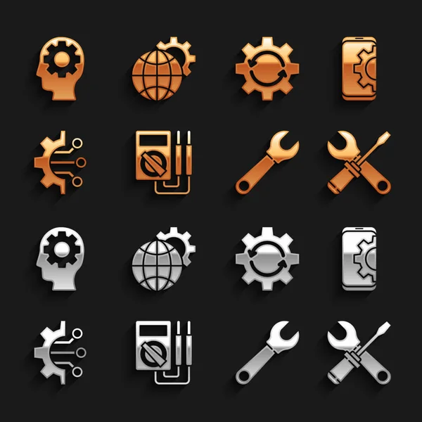 Set Multimeter Setting on smartphone Screwdriver and wrench spanner Wrench Algorithm Gear arrows as workflow Human head with gear inside and Globe of the Earth icon. Vector.