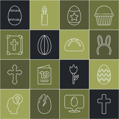 Set line Christian cross Easter egg Mask with long bunny ears Holy bible book and cake icon. Vector.