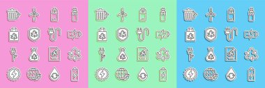 Set line Battery Recycle symbol inside shield Paper bag with recycle bin and Electric plug icon. Vector.