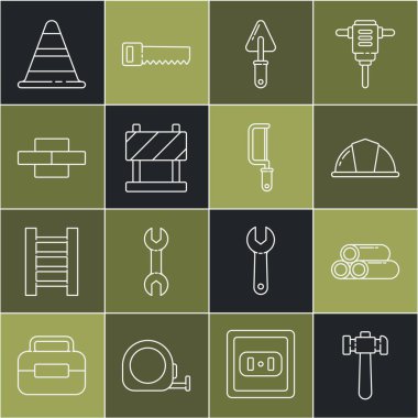 Set line Hammer Industry metallic pipe Worker safety helmet Trowel Road barrier Bricks Traffic cone and Hacksaw icon. Vector.