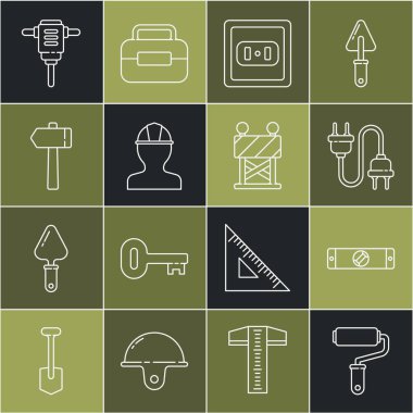Set line Paint roller brush Construction bubble level Electric plug Electrical outlet Worker safety helmet Hammer rotary hammer drill and Road barrier icon. Vector.