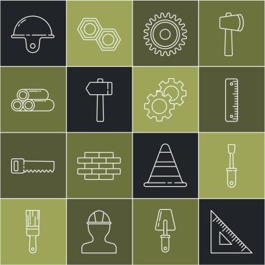 Set line Triangular ruler Screwdriver Ruler Circular saw blade Hammer Industry metallic pipe Worker safety helmet and Gear icon. Vector.